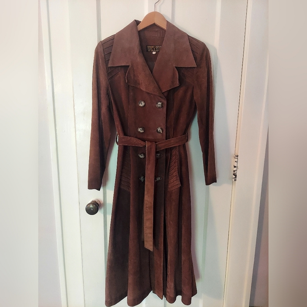 Vintage 70's To Early 80's Long Suede Brown Trench Coat. Made in Brazil.